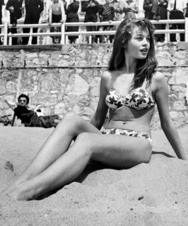 Image montrant Brigitte Bardot, vêtue d'un bikini fleur rouge et blanc.