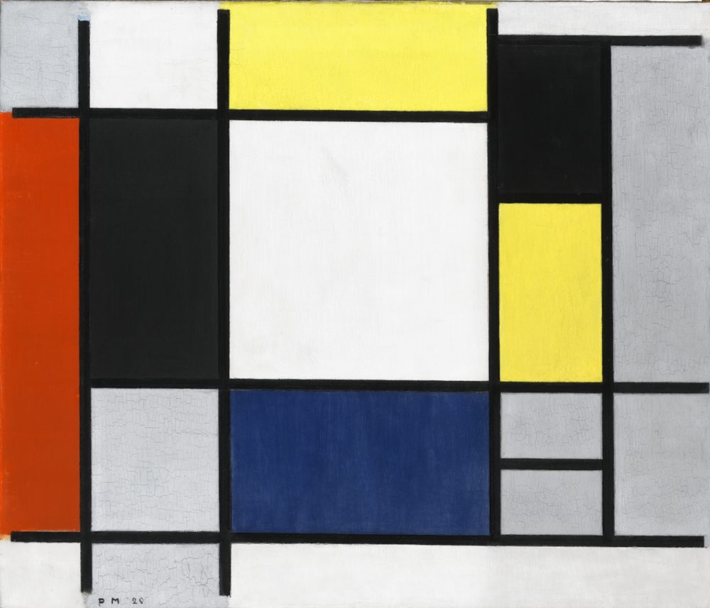 Image montrant la Composition avec Jaune, Rouge, Noir, Bleu et Gris par Piet Mondrian, en 1920.
