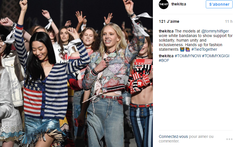 Image montrant un post Instagram sur le compte "thekitca" qui montre des modèles de la marque Tommy Hilfiger avec chacune un bandana blanc à leur poignet en réponse au "Muslim ban".