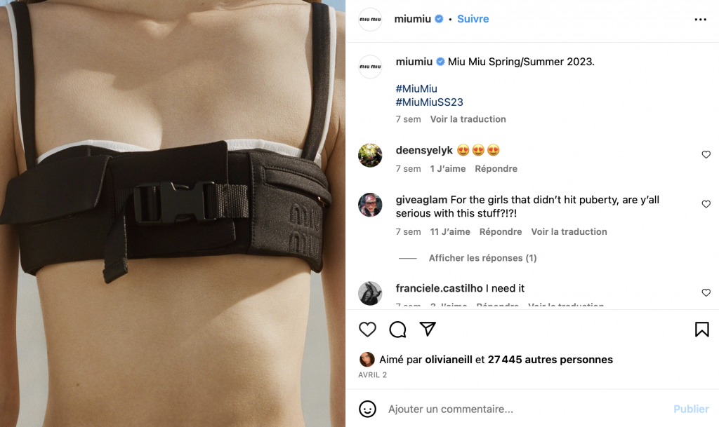 Image montrant une publication Instagram du compte Miumiu d'une ceinture noir autour de la poitrine. Celle-ci se nomme la Top ceinture.